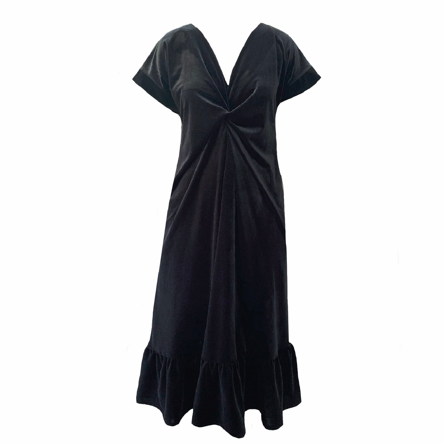 This is a black frill velvet dress on a plain white background. It has a knot and plunge v neck with short sleeves.