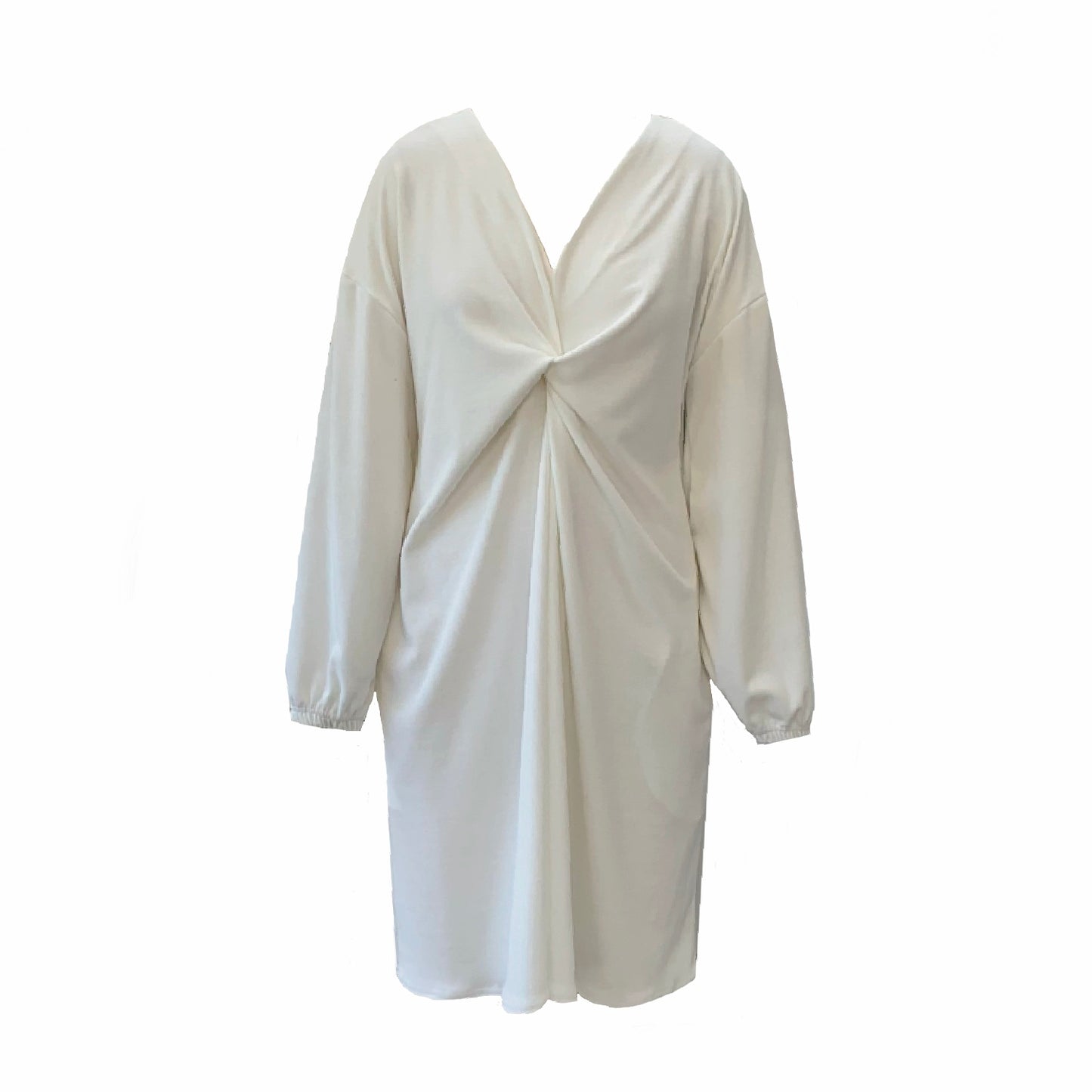 This is a front view of a winter white long sleeved ribbed shift dress with pockets against a white background. It has a plunge v neck and centre front knot. The sleeves are elasticated at the cuff.