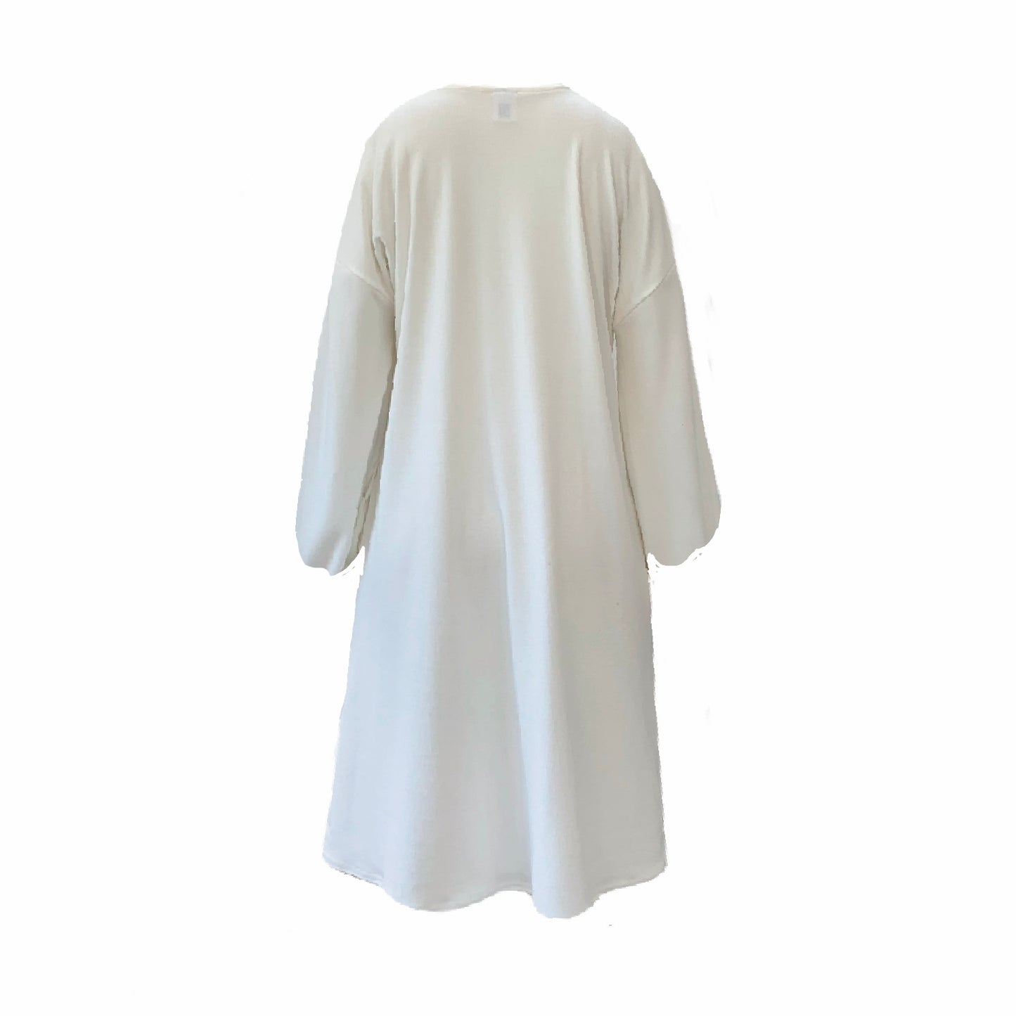 This is the back view of a winter white ribbed dress with long sleeves against a white background.