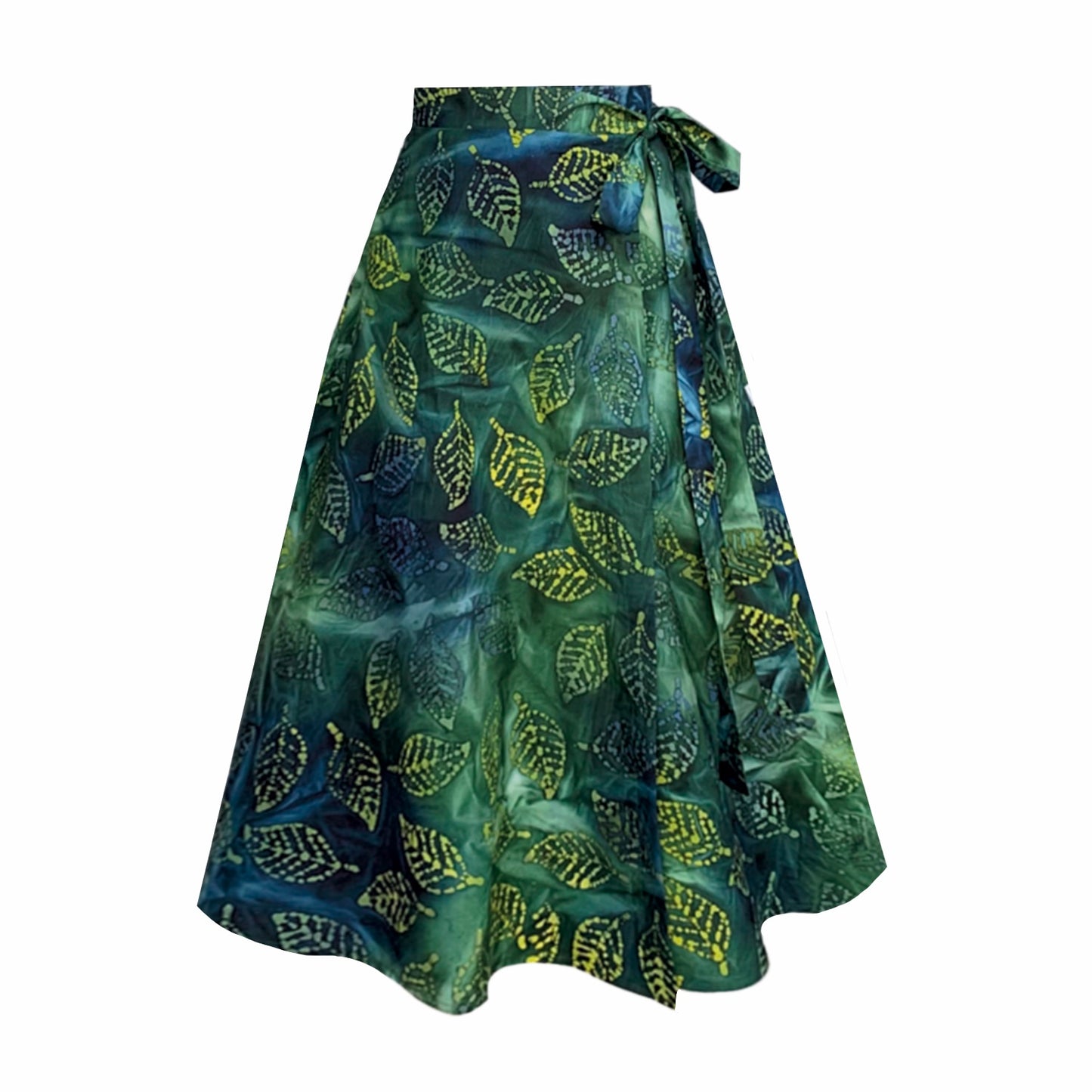 This is an image of a green printed skirt silhouetted against a white background. It has a tie at the waist which fastens on the left side as worn. The print uses colour of inky blue forest green and chartreuse. The skirt is Aline in shape.