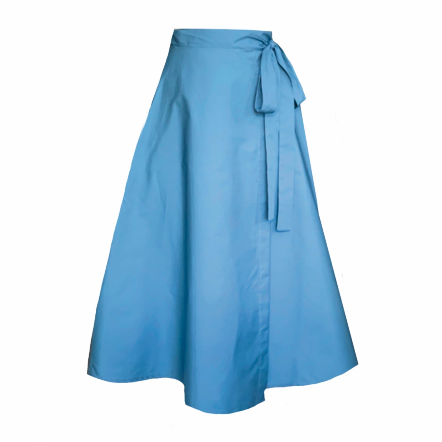 This is a Wedgwood blue functional wrap skirt silhouetted against a white background with side seam pockets. The skirt is midi length and has a 4cm wide tie long enough to make a bow at the side of the waist.