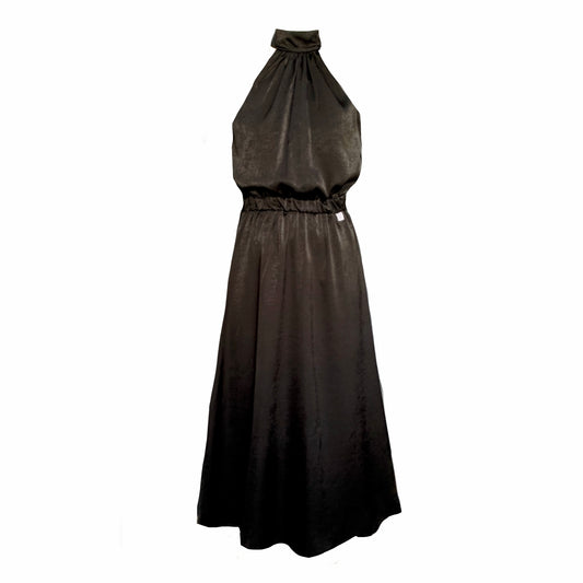 This is a halterneck black dress silhouetted against a white background. It has an elasticated waist and full skirt.