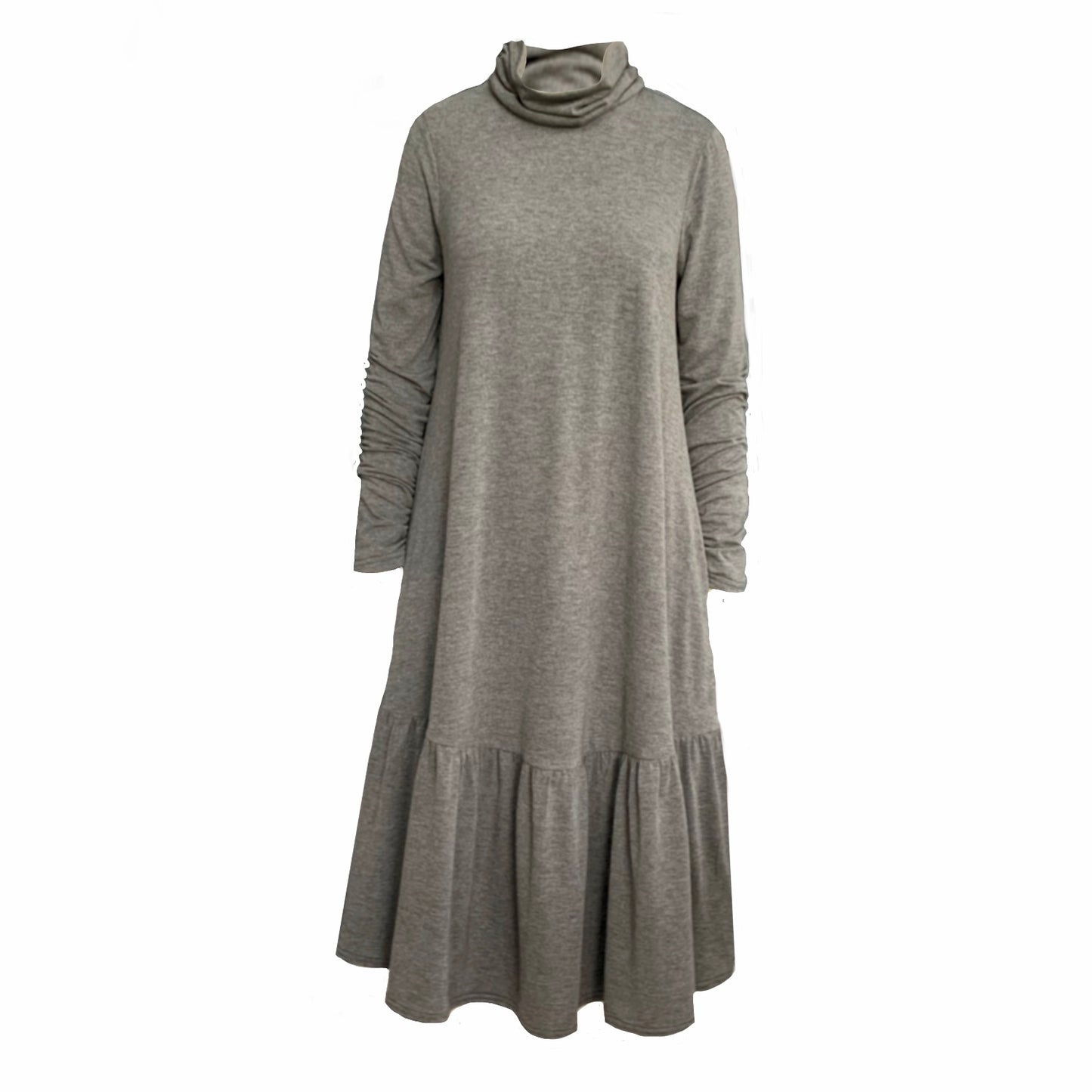 This is the front view of a grey marl dress with ruched turtle neck and sleeves. It is silhouetted against a white background. The sleeves are full length and there is a deep frill around the hem.