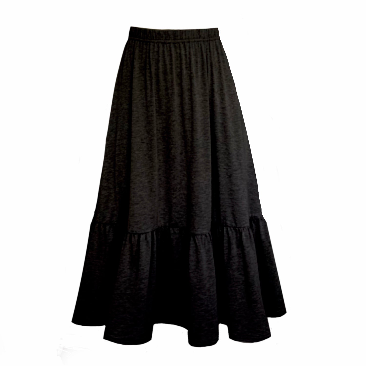 This is a boho gathered midi skirt with pockets in black silhouetted against a white background. 