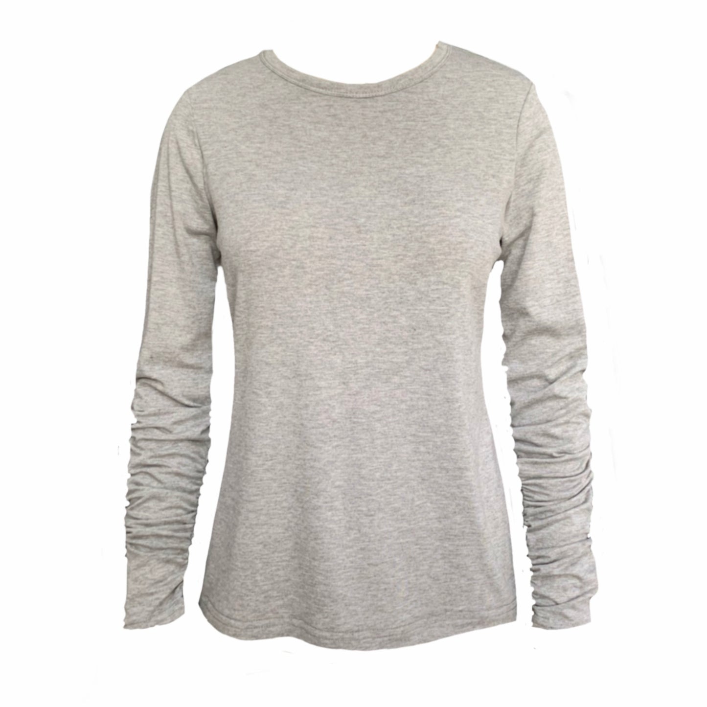 This is a grey marl jersey top with long sleeves that scrunch from the elbow. It has a crew neck and is silhouetted against a white background.