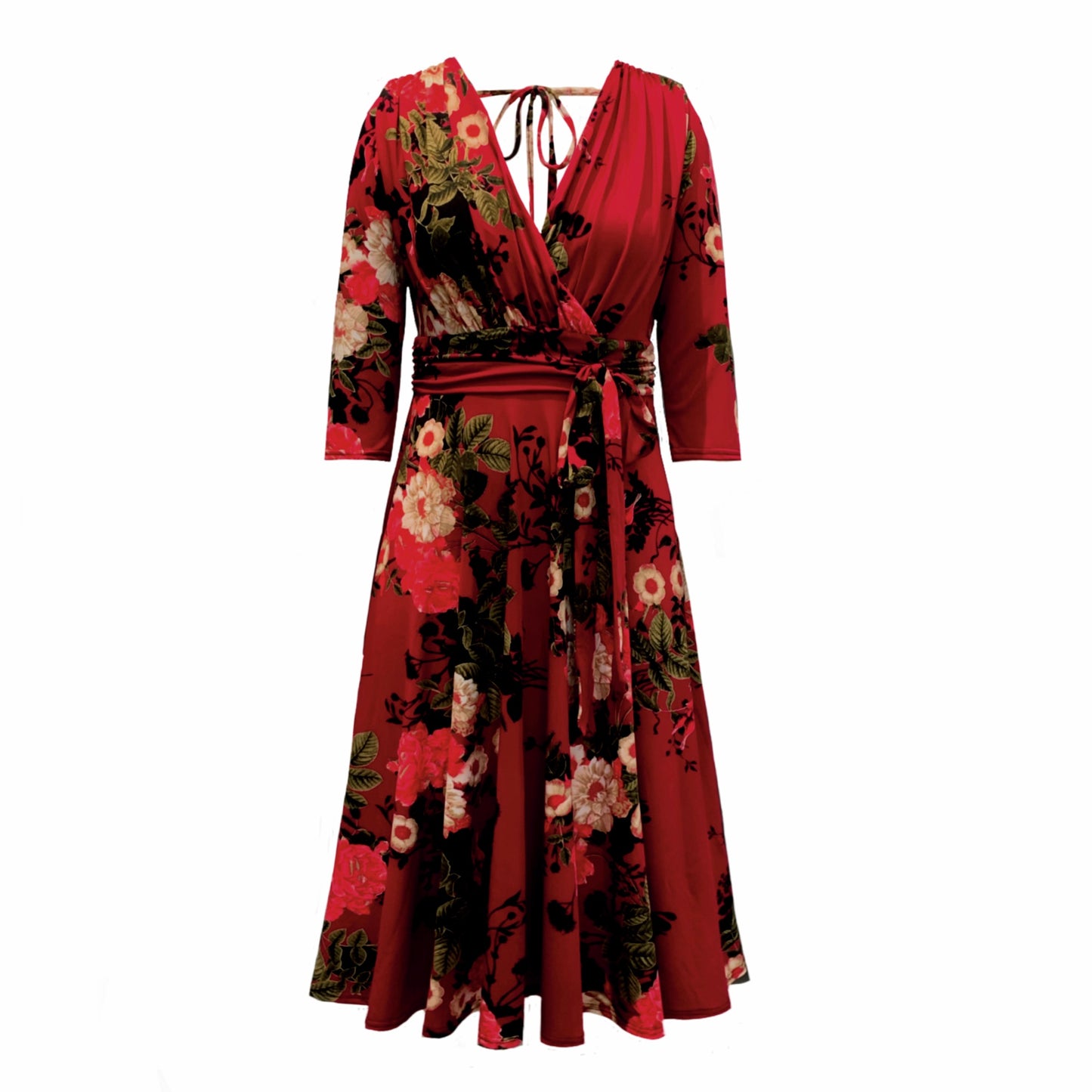 This is a Mock wrap midi dress in a Red floral design, with 3/4 length sleeves, a gathered shoulder and under bust area, with a tie, secured in a bow. It has a V neck front, which is also mirrored in the back, secured with a tie, in a bow. The dress has a midi length full skirt in a retro style, silhouetted on a white background.