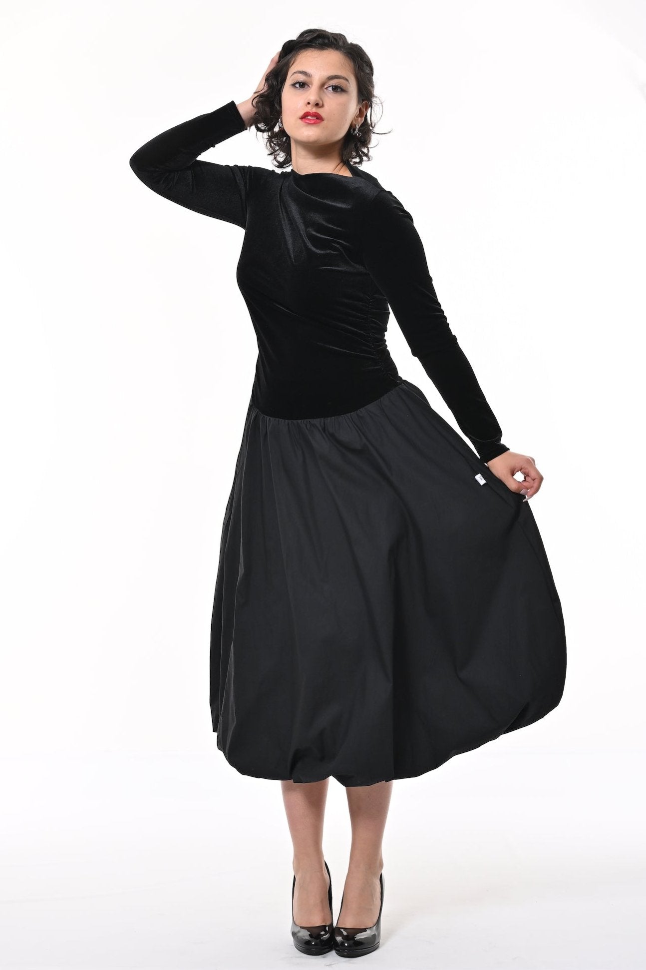 Kiara Puffball Dress In Black Velvet And Cotton