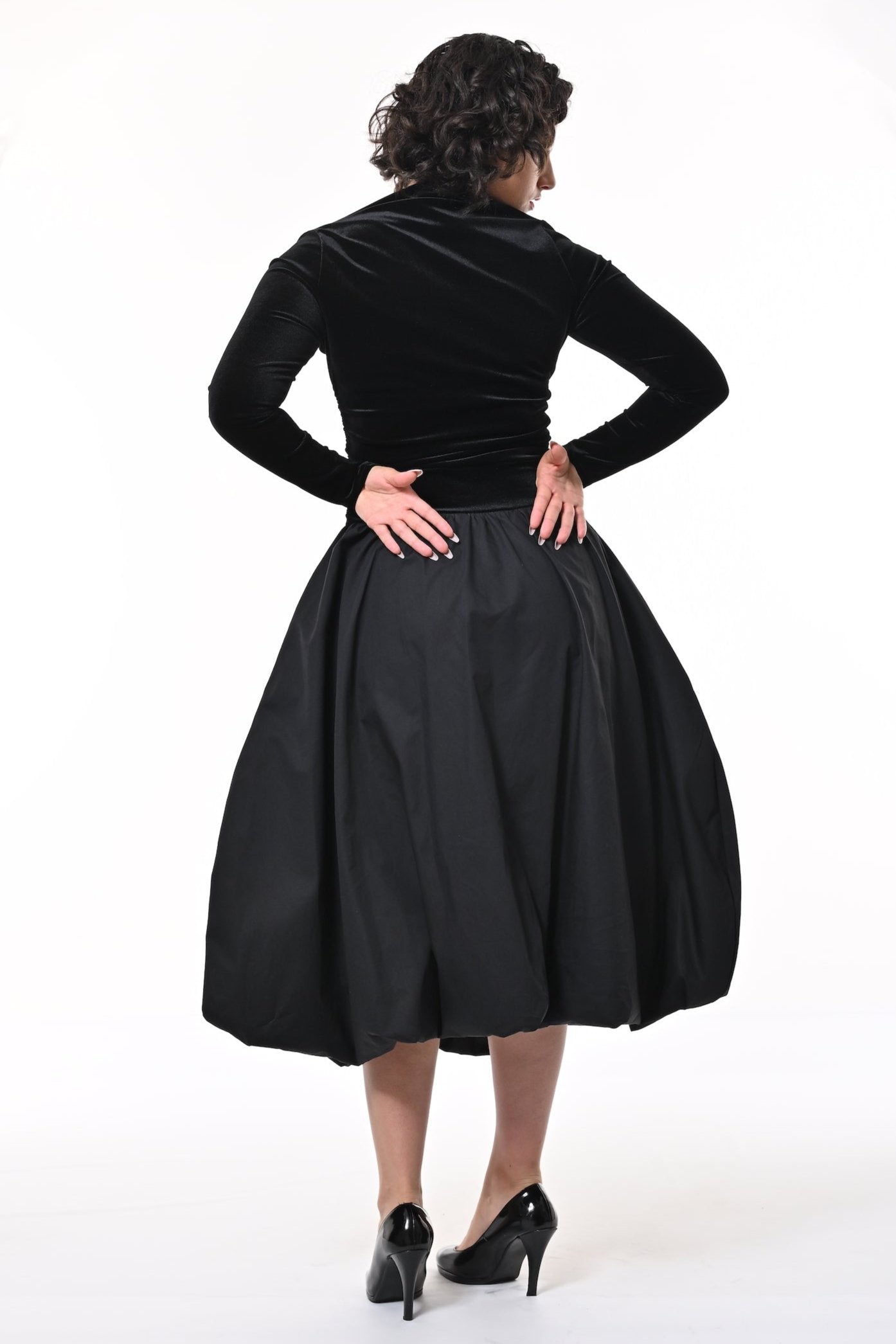 Kiara Puffball Dress In Black Velvet And Cotton