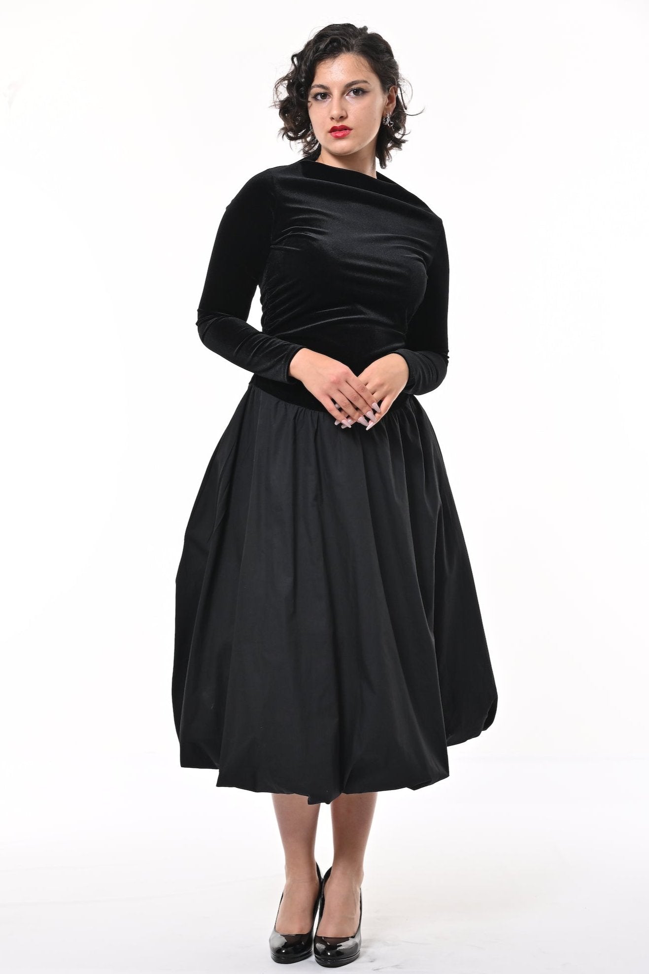 Kiara Puffball Dress In Black Velvet And Cotton