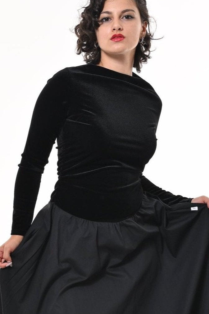 Kiara Puffball Dress In Black Velvet And Cotton