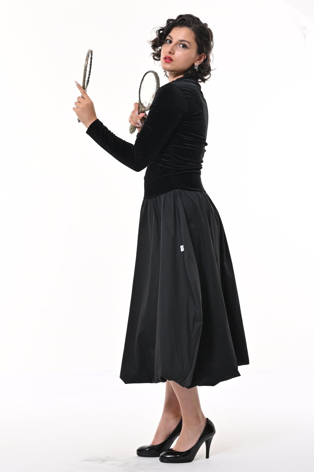 Kiara Puffball Dress In Black Velvet And Cotton