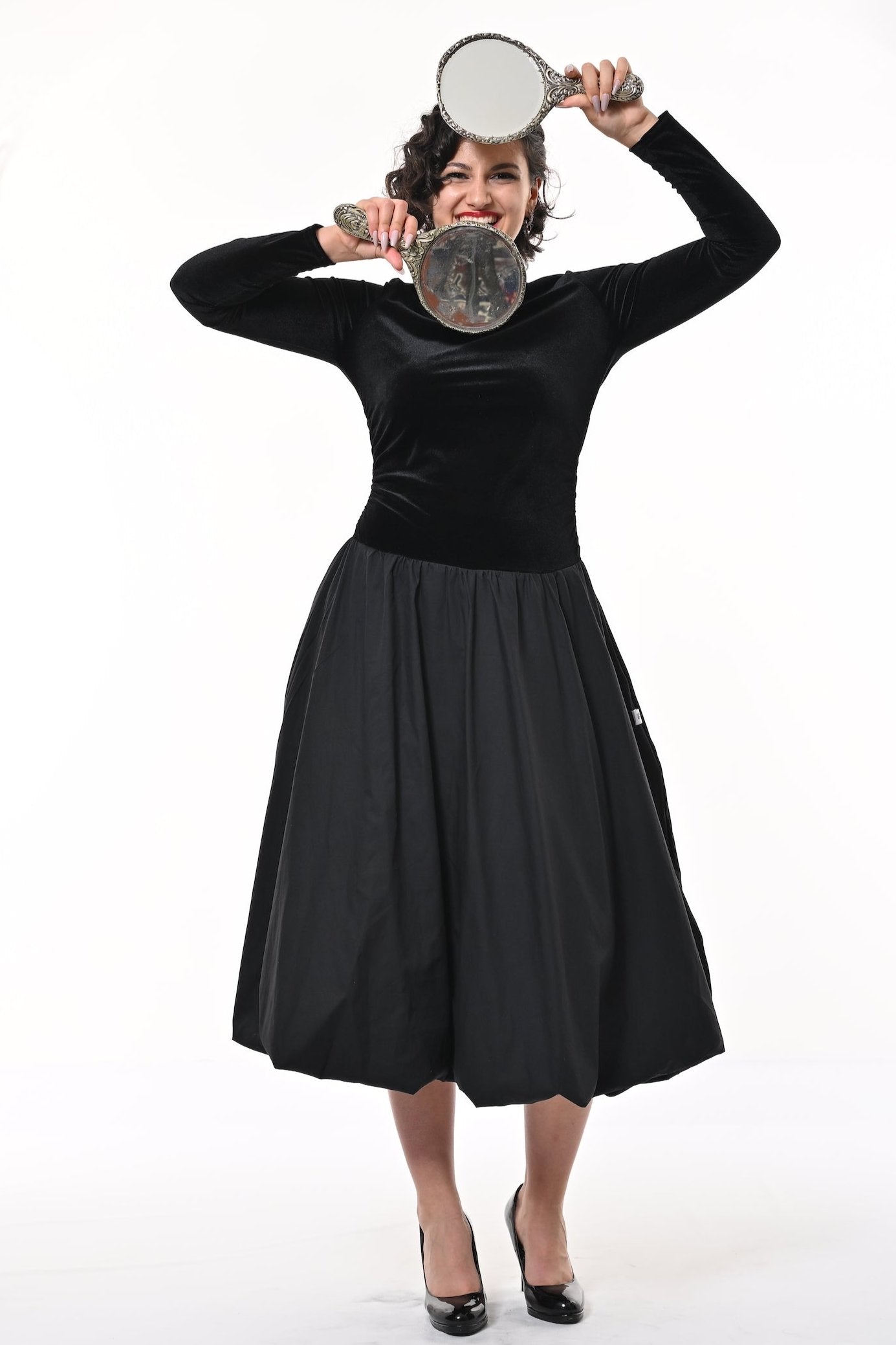 Kiara Puffball Dress In Black Velvet And Cotton