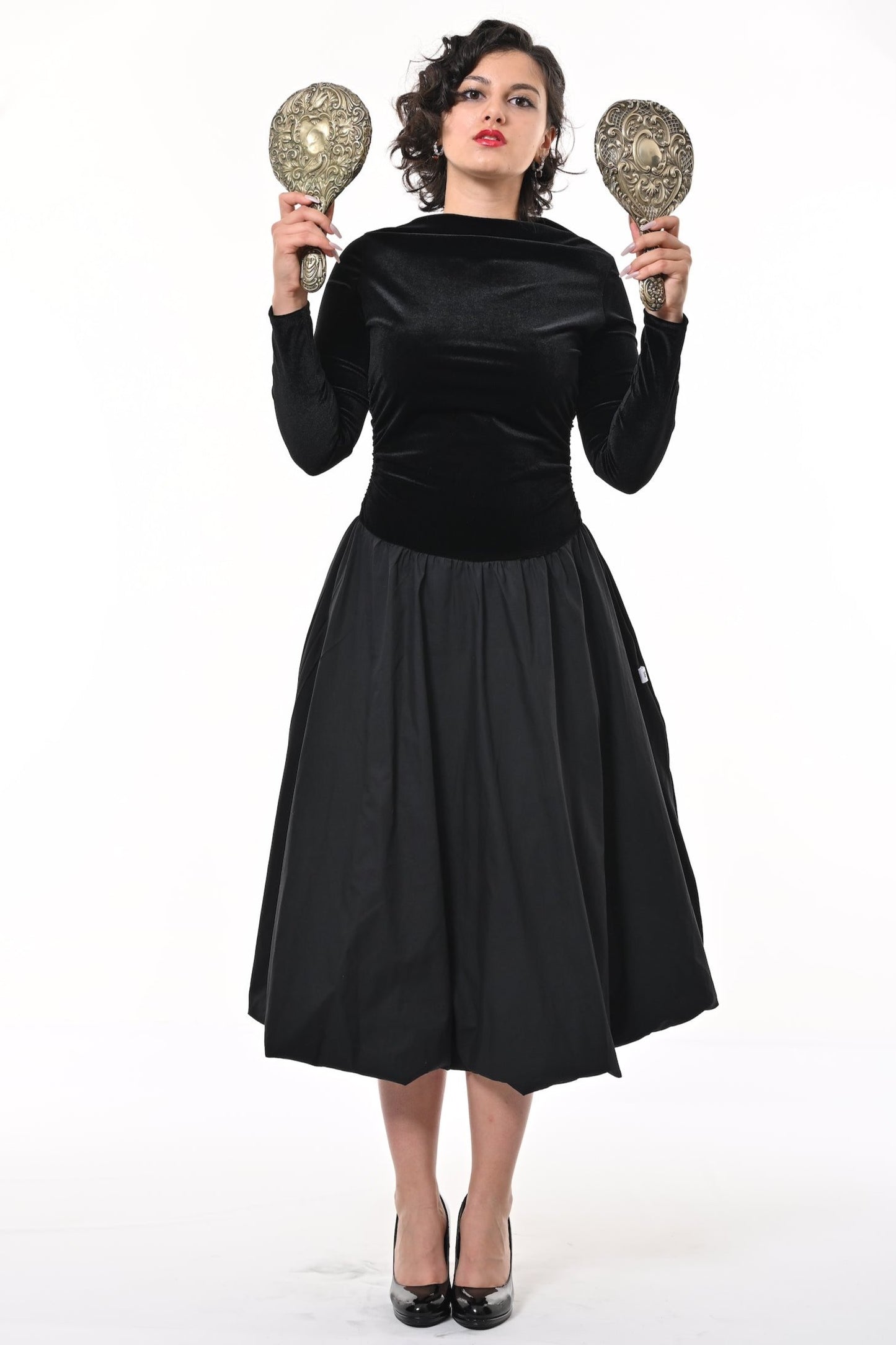 Kiara Puffball Dress In Black Velvet And Cotton