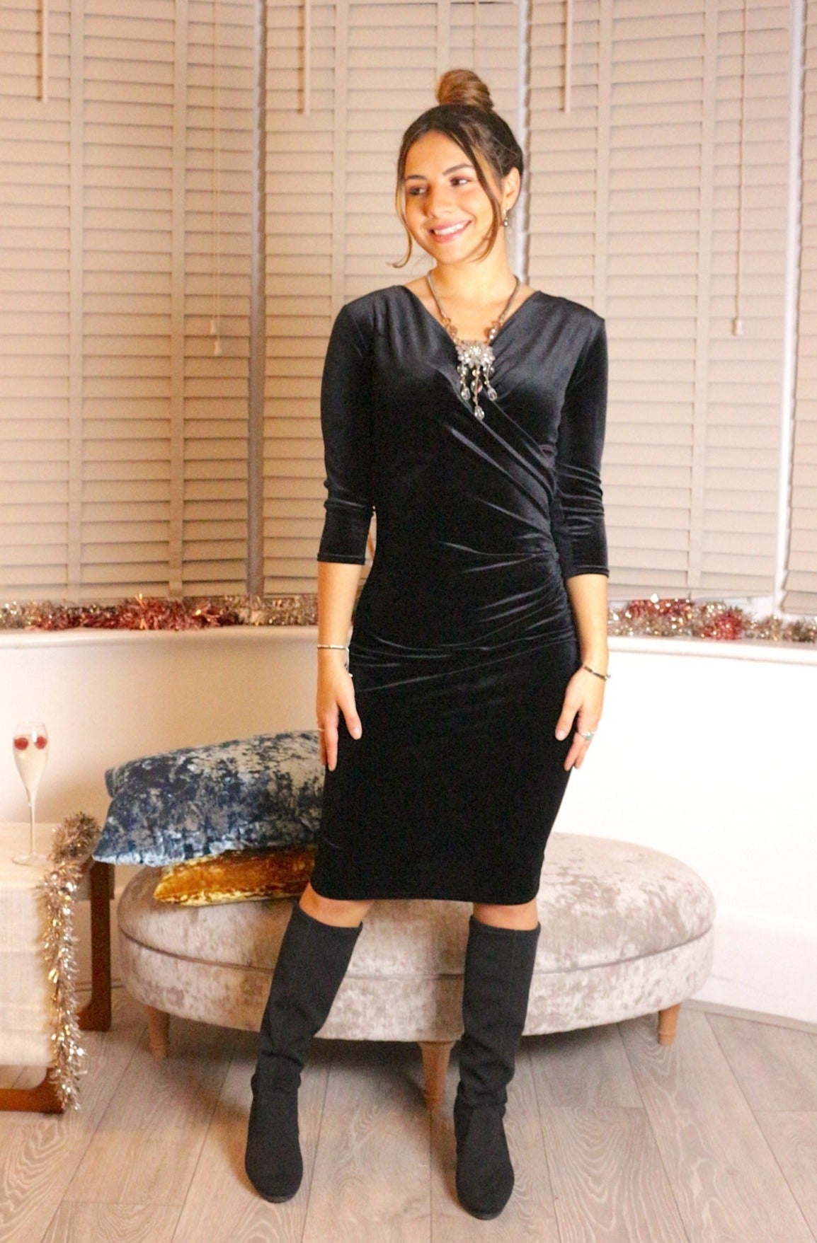 Jen Midi Dress With Mock Wrap In Black Velvet