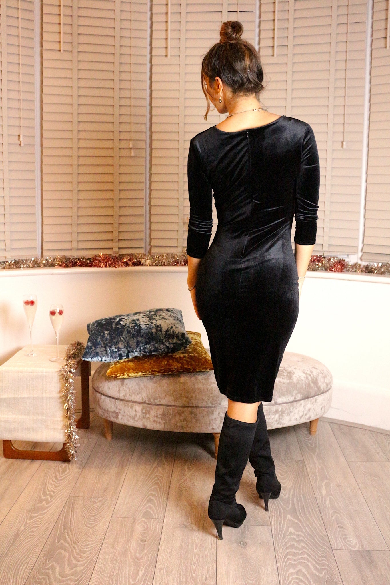 Jen Midi Dress With Mock Wrap In Black Velvet