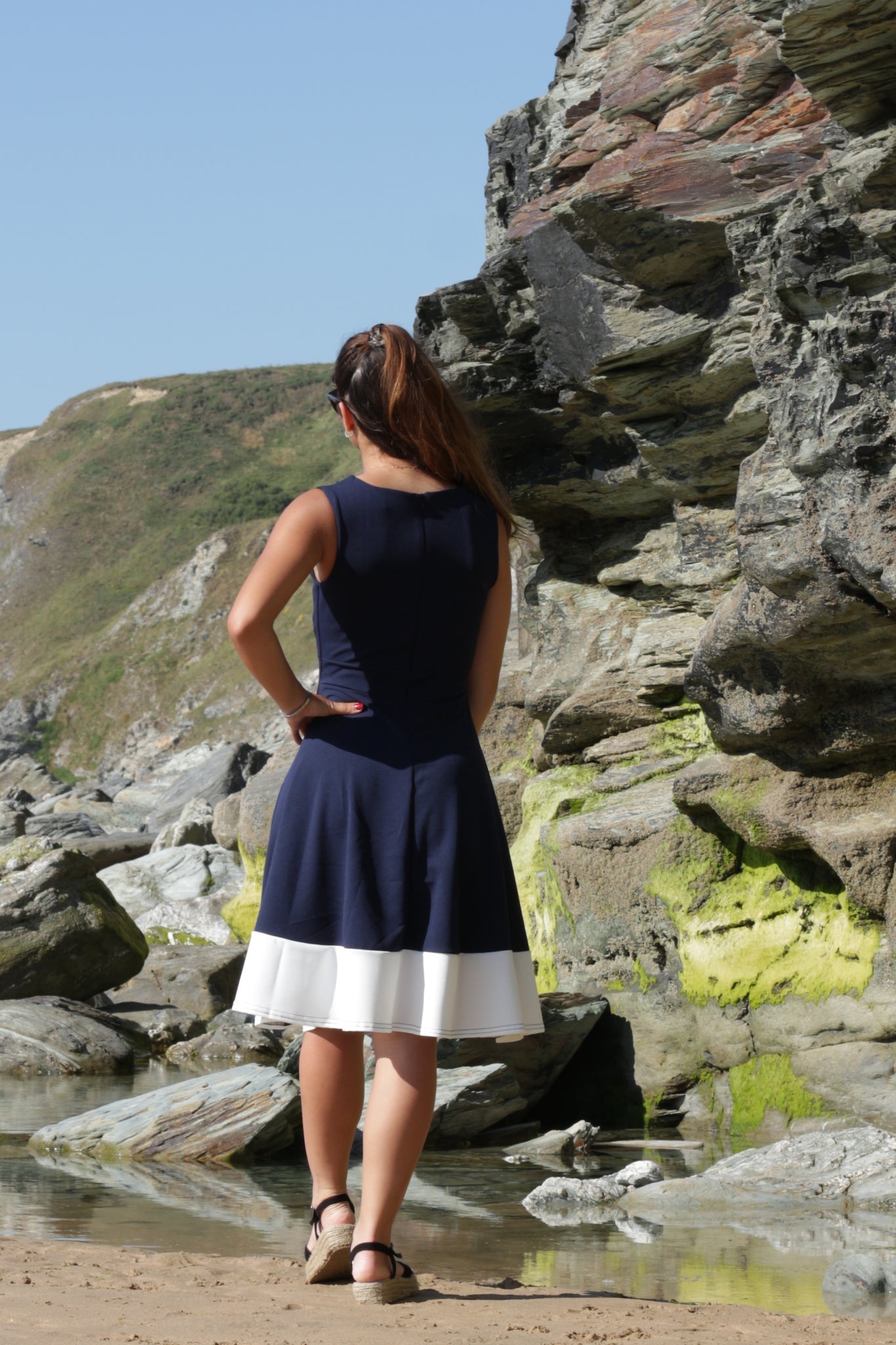 Isabella Dress In Navy And White With Contrast Stitch