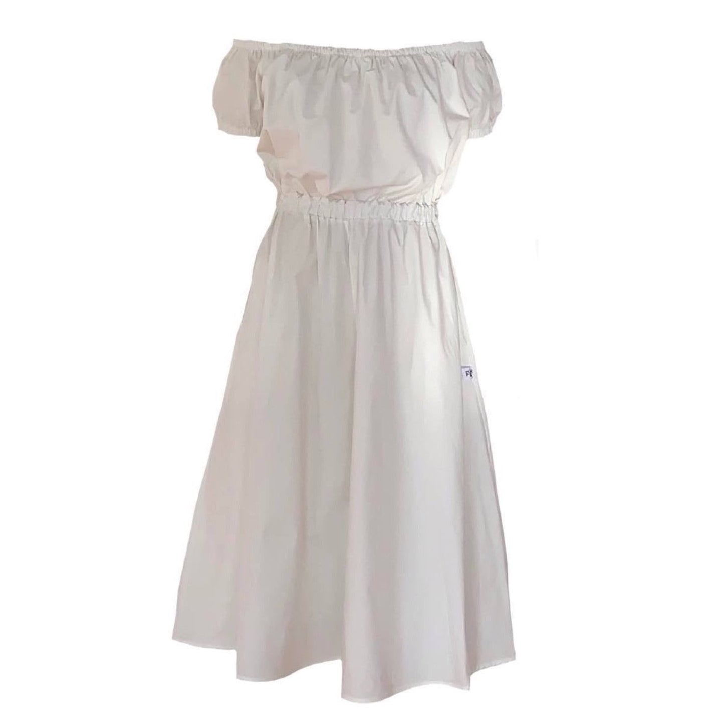 This is a Bardot style dress in cream silhouetted against a white background. the neckline is gathered and the sleeves are a small puff style. The top gathers in to the waist elastic and the skirt is full with side pockets. The dress is a midi length.