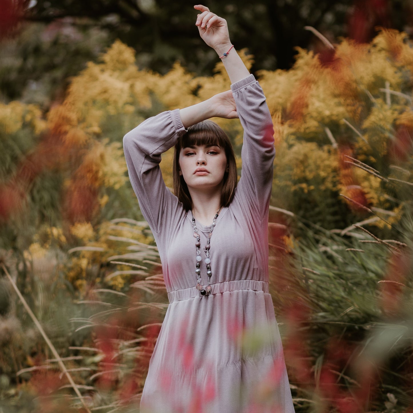 Rustic Midi Dress With Long Sleeves In Pale Grape