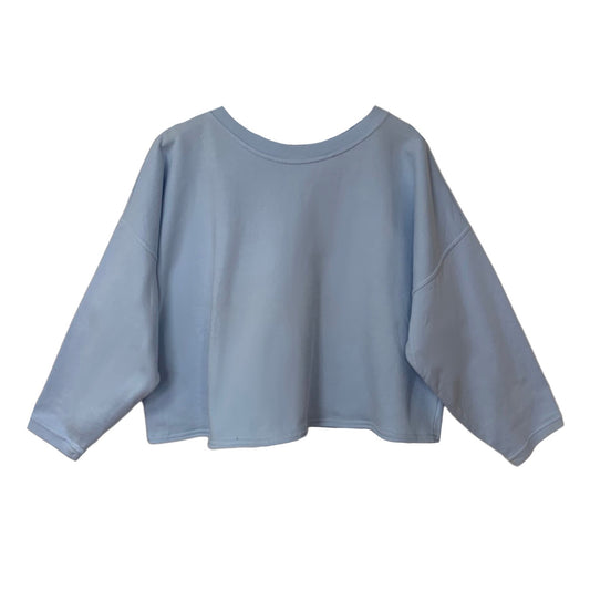 This a loose round neck sweatshirt in baby blue silhouetted against a white background. The shoulders are dropped and the long sleeves end with a narrow rib at the cuff. the garment is cropped to the waist and has no band around the hem.