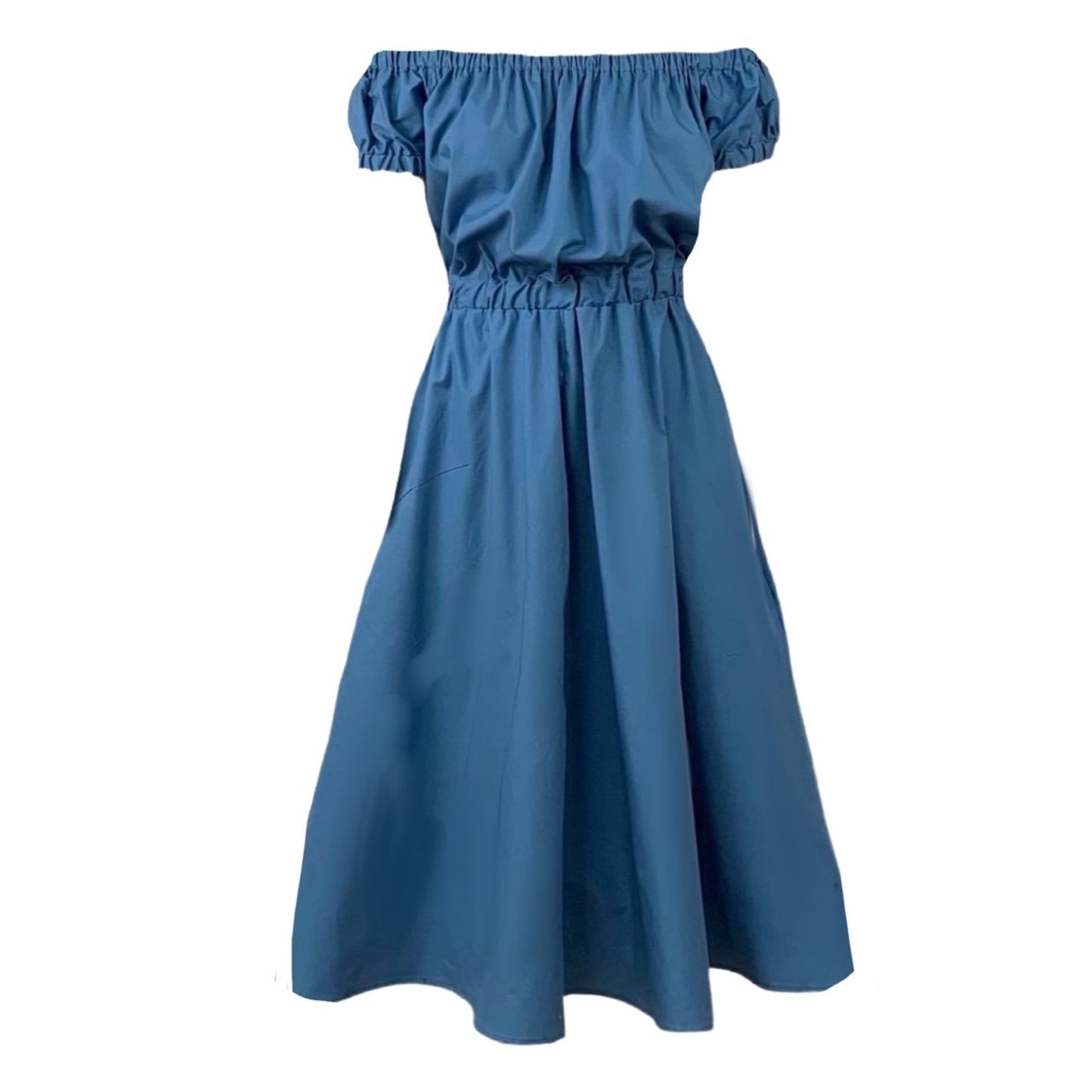 This is a Bardot style dress in wedgwood blue silhouetted against a white background. the neckline is gathered and the sleeves are a small puff style. The top gathers in to the waist elastic and the skirt is full with side pockets. The dress is a midi length.