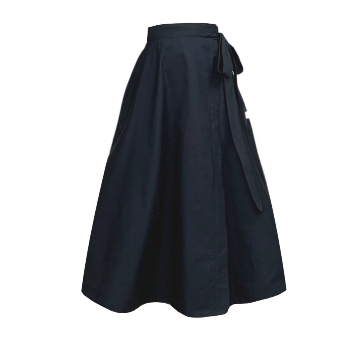 This is a black functional wrap black skirt silhouetted against a white background with side seam pockets. The skirt is midi length and has a 4cm wide tie long enough to make a bow at the side of the waist.