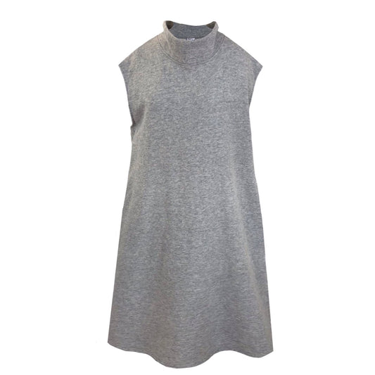 This is a cutout of a funnel neck grey marl over midi dress that is sleeveless with side splits.