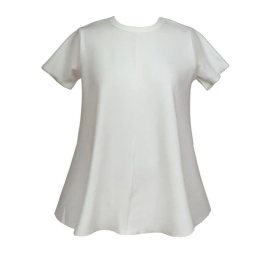 This is a cream fine rib flared t-shirt silhouetted against a white background. The short sleeves and ham have a small edging trim. The top sits at hip length and has a great fit and flare shape.