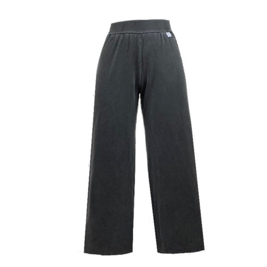 This is a charcoal grey trouser silhouetted against a white background. It has a straight leg and flat 4cm wide elastic waistband. The Side seam comes to the front at the top creating a flattering look.