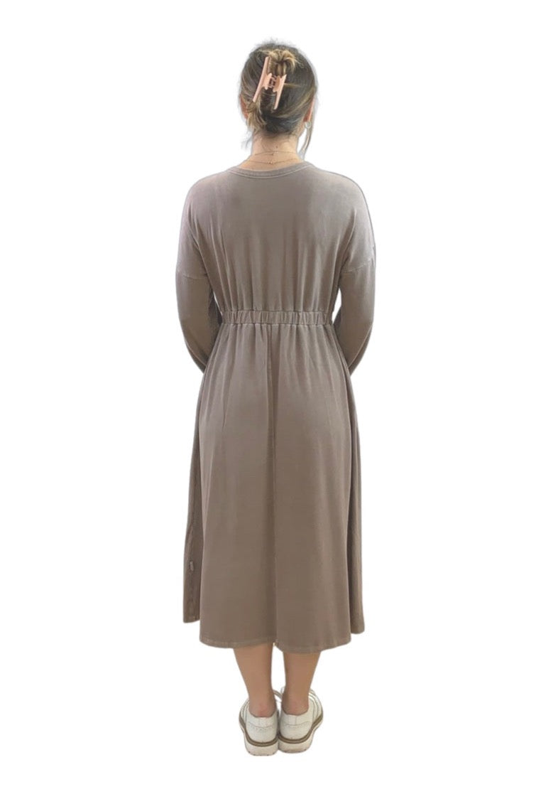 Rustic Midi Dress with Long Sleeves in Cool Mocha