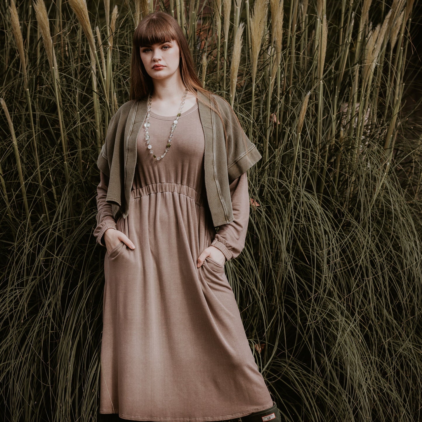 Rustic Midi Dress with Long Sleeves in Cool Mocha