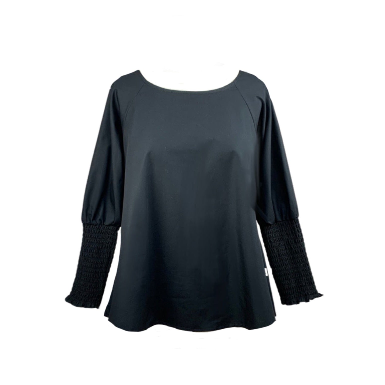 This is a top that is on a ghost mannequin with a slash/scooped neck. The black organic cotton has a very slight sheen. The shape is flared and sits at hip level. The cuff is shirred and is deep to elbow length.