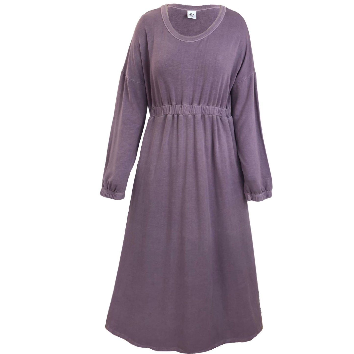 This is a cutout image of a pale grape dress with long loose sleeves that end at an elasticated cuff. The neck is scooped and the shoulders dropped. The waist elastic is 3cm wide and sits above the natural waistline. The elastic is not too tight. The skirt is flowing and has pockets.